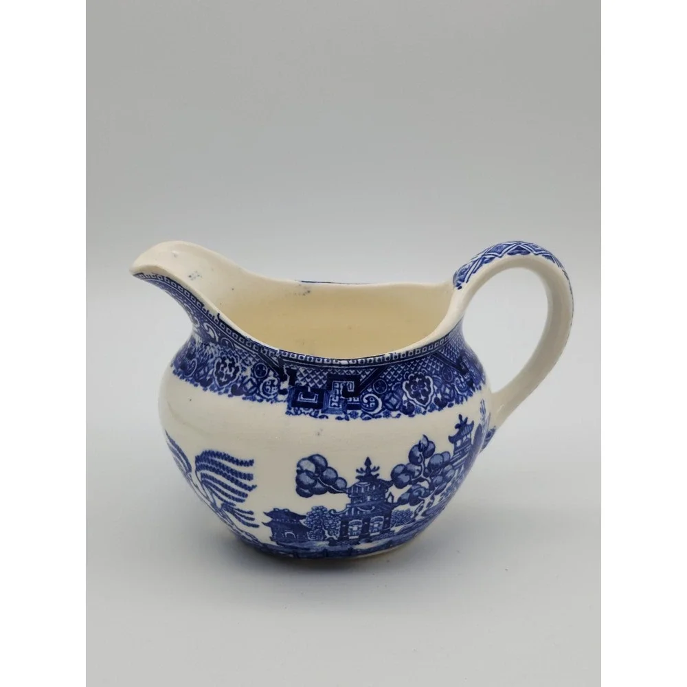 Vintage Blue Willow Creamer White Blue Birds Unmarked Ceramic